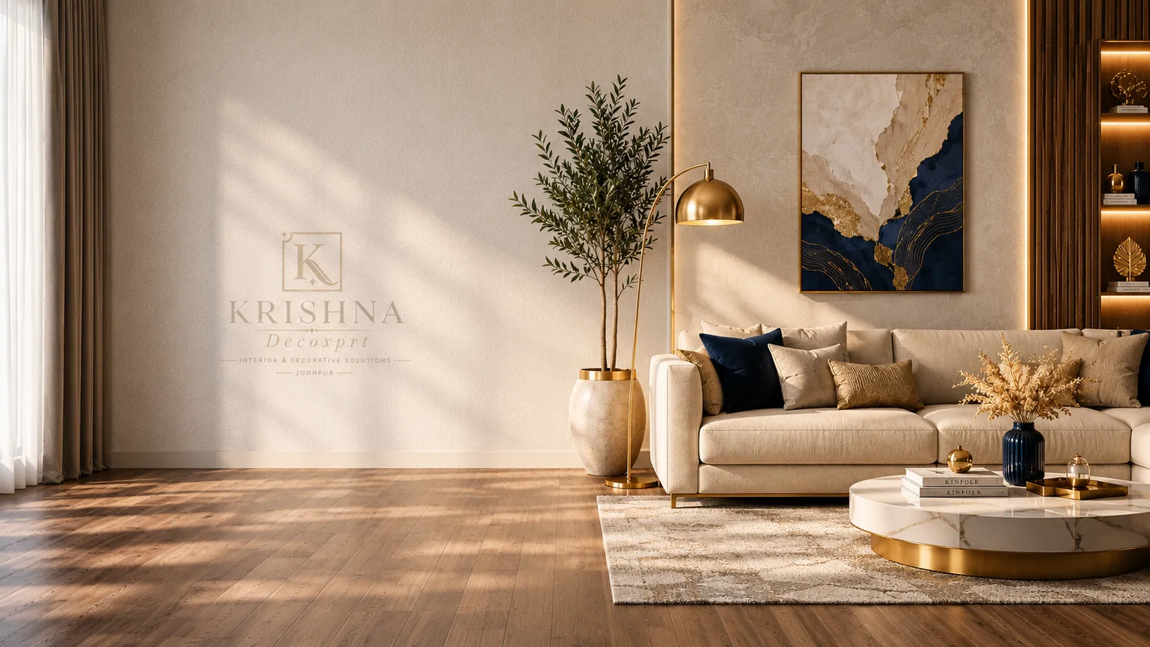 Elegant living room with premium flooring, designer wall finishes and décor by Krishna Decoxprt